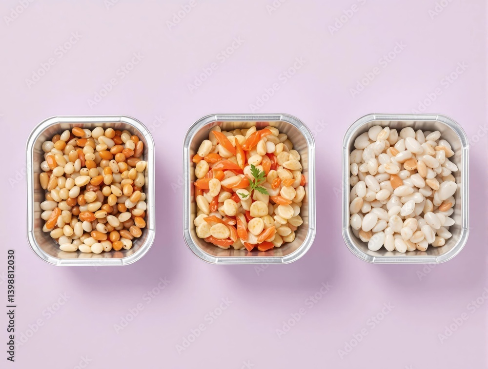 Three containers of food, one with beans, one with carrots, and one with rice Three containers of food, one with beans, one with carrots, and one with rice
