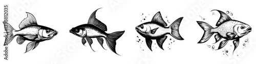 Various illustrations of goldfish swimming in a playful manner through different aquatic environments