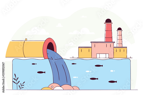 Factory polluting water with toxic waste, industrial contamination, environmental damage illustration, dirty wastewater discharge