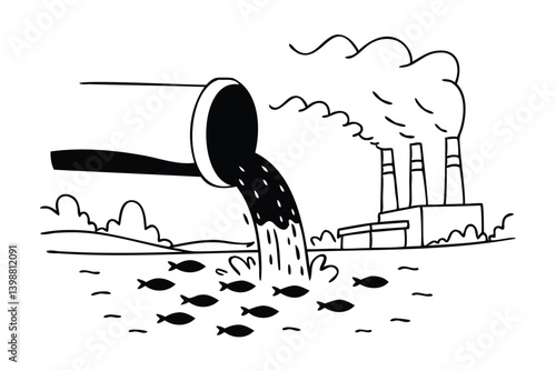 Factory polluting water with toxic waste, industrial contamination, environmental damage illustration, dirty wastewater discharge