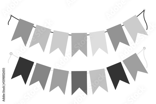 Festive Pennant garlands on rope in grayscale. Black Day or Birthday Promo design elements idea Set