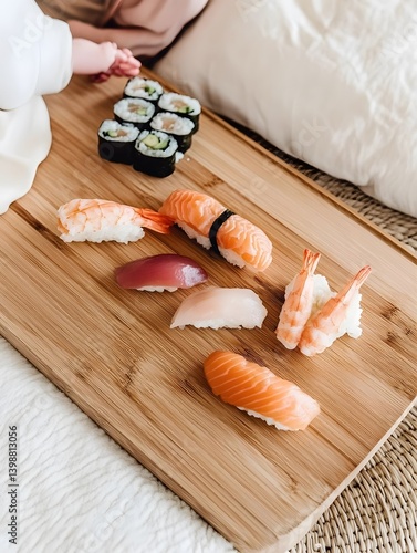 Delicious Sushi and Handrolls: Fresh and Colorful Seafood Cuisine on Elegant Wooden Board - Traditional Asian Dining Inspiration for Lunch & Dinner