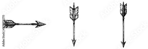 Three distinct arrow designs in a vintage style showcasing various angles and details of the arrowheads and fletching