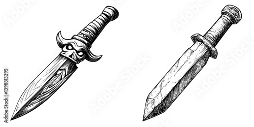 Decorative daggers with intricate designs displayed on a white background showcasing craftsmanship and artistry in weapon making