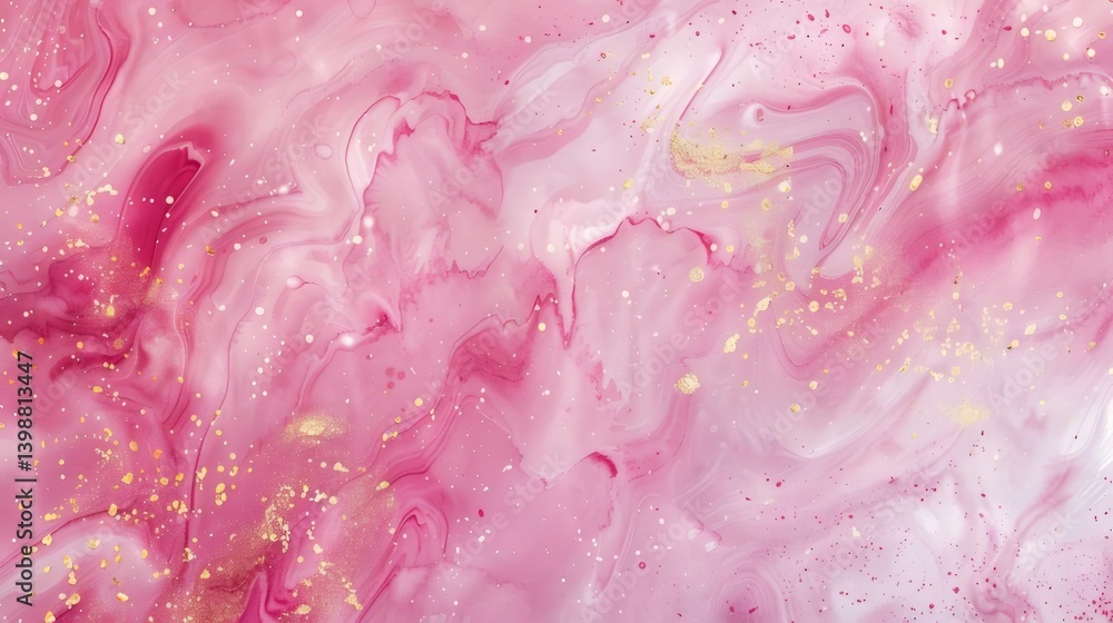 Abstract Pink Fluid Texture with Glittering Gold Splashes on White Background Abstract Pink Fluid Texture with Glittering Gold Splashes on White Background