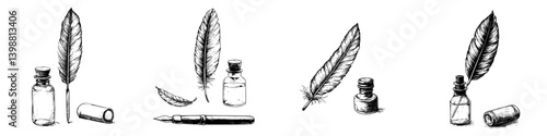 Quills, ink, and glass vials showcase vintage writing tools in a creative arrangement on a white background