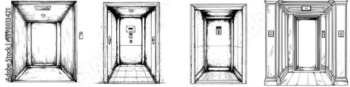 Different elevator designs showcasing unique architecture and contrasting styles in a modern urban environment
