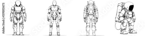 Conceptual designs of futuristic astronaut suits illustrating various features and styles for space exploration