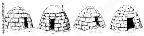 Traditional igloo designs showcasing various stages of construction in a snowy landscape