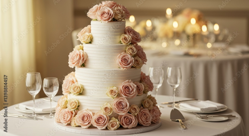Fototapeta premium Elegant wedding cake decorated with roses on a banquet table 