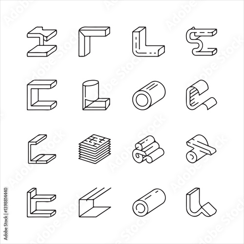 Collection of vector industrial metal parts including corner angles, tubes, and pipes, suitable for engineering designs
