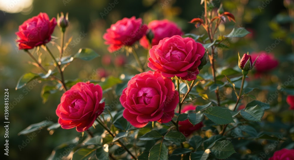 Vibrant Roses Blooming in a Lush Garden at Sunset Vibrant Roses Blooming in a Lush Garden at Sunset