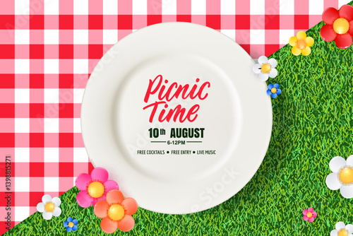 Picnic banner, poster design with empty white plate on tablecloth on grass background. Vector realistic illustration
