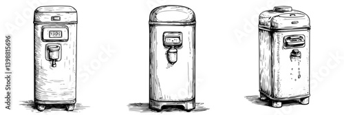 Vintage water cooler designs displayed side by side showcasing different styles and features from various eras