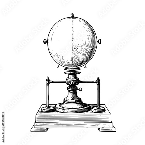 Vintage educational globe sitting on a wooden base showcasing geographical features and symbols