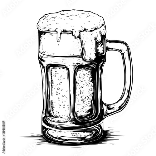 Detailed sketch of a frothy beer mug overflowing with foam on a white background showcasing the drink&#39;s appeal and texture