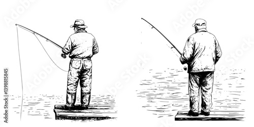 Fisherman casting a line into the water at a serene lakeside during twilight