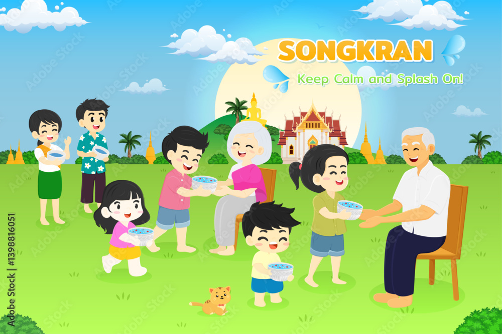 Songkran day festival poster happy family Elderly and children Character Pouring water Thai temple background cartoon illustration design Songkran day festival poster happy family Elderly and children Character Pouring water Thai temple background cartoon illustration design