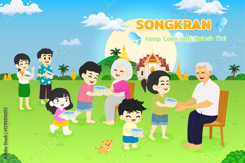 Songkran day festival poster happy family Elderly and children Character Pouring water Thai temple background cartoon illustration design