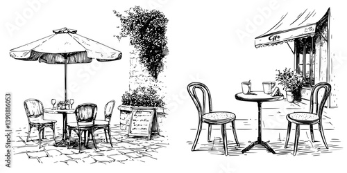 Outdoor cafe setting with sketch-style tables and chairs during a sunny day