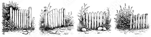 Unique wooden fences with varying designs surrounded by lush plants and rocks in a garden setting