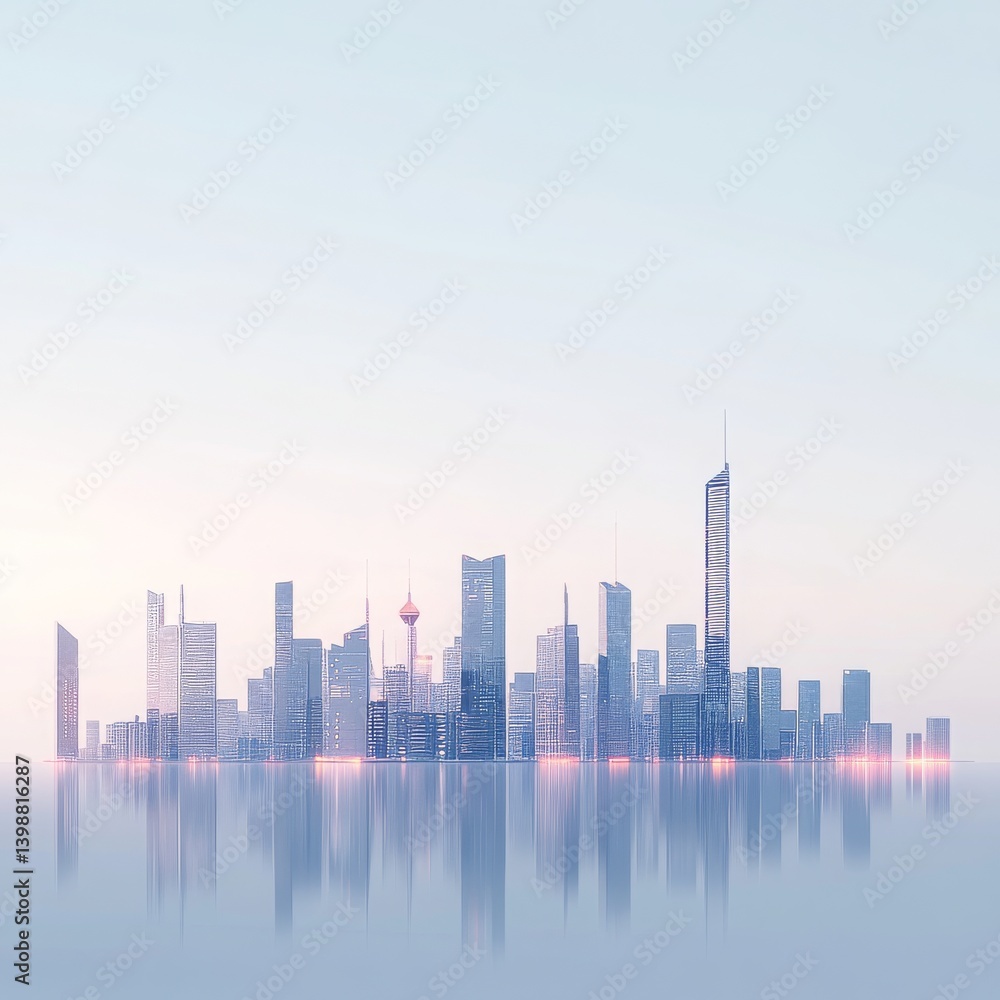 Fototapeta premium a modern cityscape at dawn with soft digital light accents and minimalist building forms isolated on a plain background