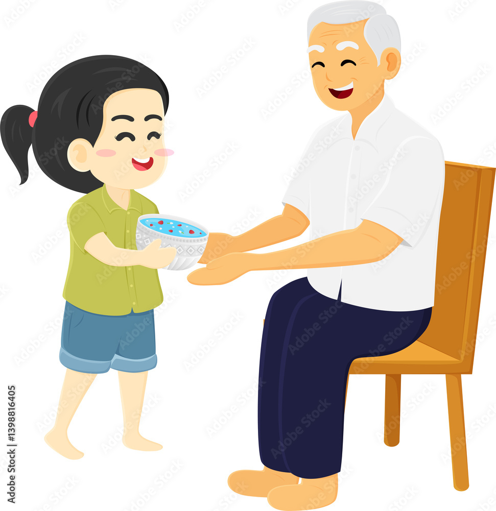 happy children young girl and granfather elderly character pouring water Songkran day festival cartoon illustration design happy children young girl and granfather elderly character pouring water Songkran day festival cartoon illustration design