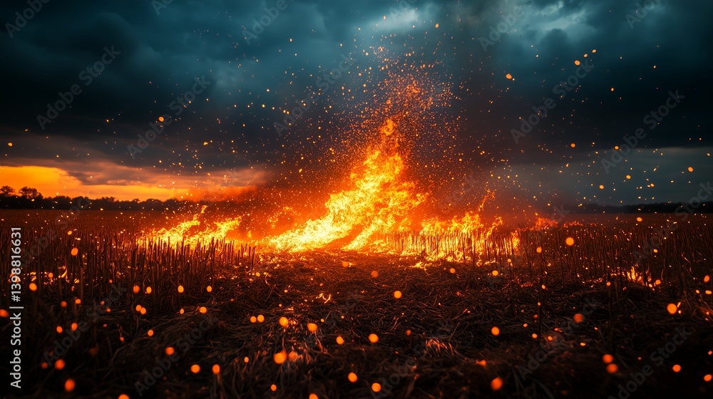 Fiery Explosion of Sparks Rising From a Burning Field at Dusk Fiery Explosion of Sparks Rising From a Burning Field at Dusk