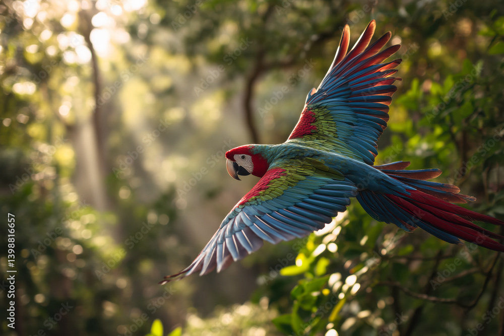 Scarlet macaw flying through a forest.