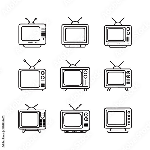 Collection of old-fashioned television sets with antennas, including various shapes and designs, in simple vector style