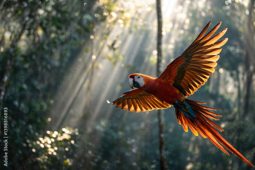 Scarlet macaw flying through sunlit trees.