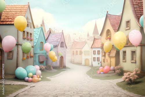 Whimsical Easter Pastel Colored Village Backdrop with Pastel Houses, Cobblestone Street, Easter Decorations