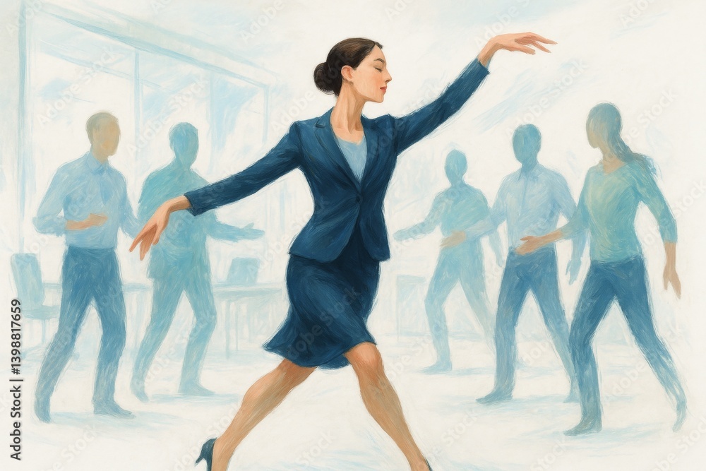 Fototapeta premium Graceful Businesswoman Leading Team Building Through Dance, Elegant Choreography in a Professional Setting