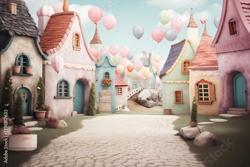 Whimsical Easter Pastel Colored Village Backdrop with Pastel Houses, Cobblestone Street, Easter Decorations