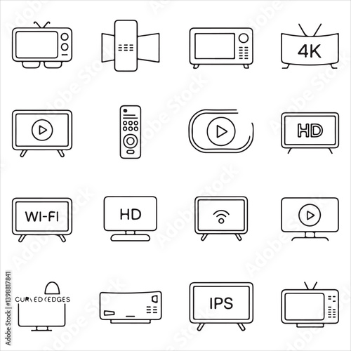 Collection of minimalist icons representing various TV types, including 4K, HD, and smart TVs with remote control and video play symbols