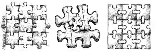 Crafting complex jigsaw puzzle pieces illustrating intricate designs with detailed textures and varying shapes