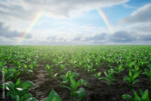 Field of sprouting crops with a rainbow arching above it