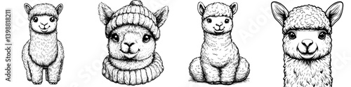 Cute alpacas wearing hats pose in a charming illustration, capturing delightful expressions in a trendy artistic style
