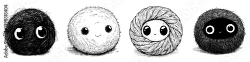 Cute character designs featuring fluffy balls with different textures and expressions on a white background