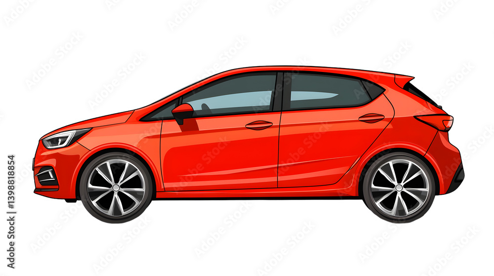 A vibrant red compact car showcased in a sleek side profile ideal for automotive transportati A vibrant red compact car showcased in a sleek side profile ideal for automotive transportati
