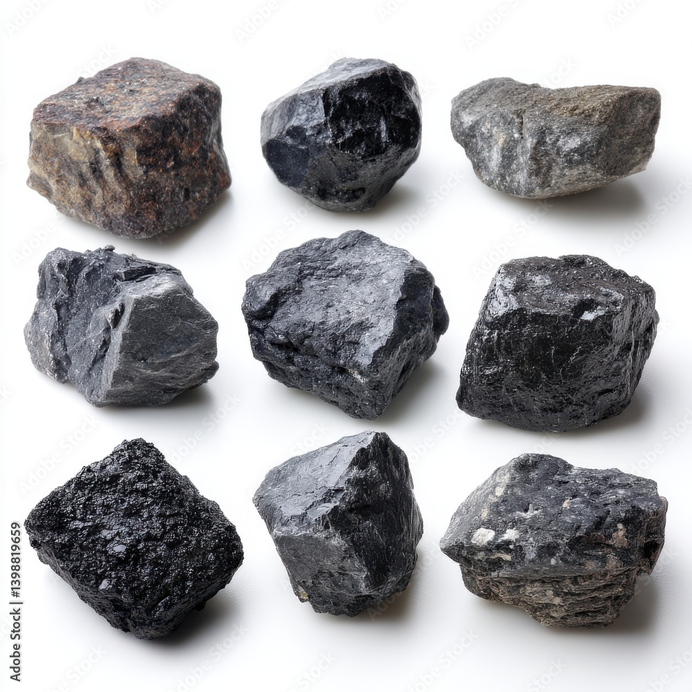 Collection of nine dark colored stones isolated on white background Collection of nine dark colored stones isolated on white background