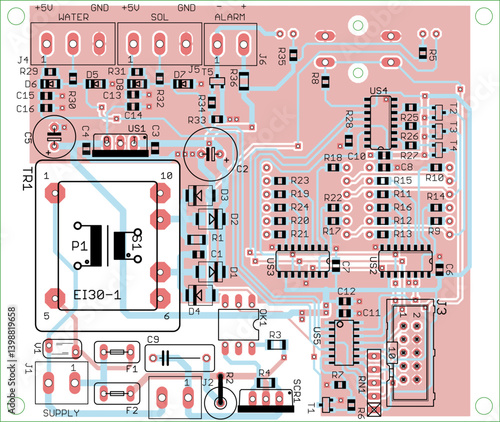 Vector printed circuit board of electronic 
device with components of radio elements, 
conductors and contact pads placed on pcb. Engineering technical educational drawing.
Computer technic cad design