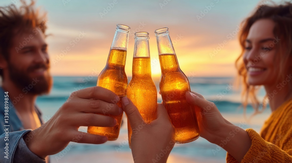 A happy group cheers beer bottles on a beautiful beach during a golden sunset with the ocean.