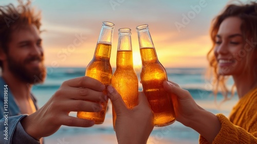 Obraz na płótnie A happy group cheers beer bottles on a beautiful beach during a golden sunset with the ocean. w salonie