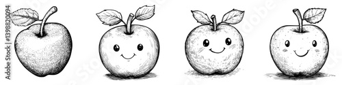 Various illustrated apples showcasing different expressions and styles in a creative minimalist design appealing to various audiences
