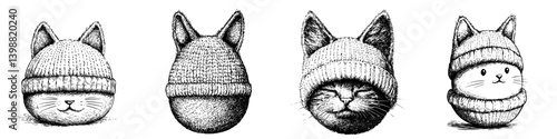 Playful cats in beanies exhibit various expressions in a whimsical illustration featuring four adorable characters