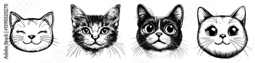 Various artistic cat illustrations showcasing different expressions and features on a white background