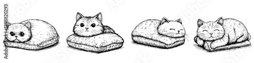 Resting cats on cushions display peaceful expressions in cozy illustration