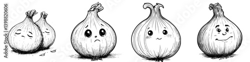 Emotional journey of onions expressing different feelings from sadness to happiness in a creative illustration