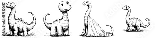 Cute dinosaur illustrations featuring playful designs and whimsical expressions in a simple black and white style